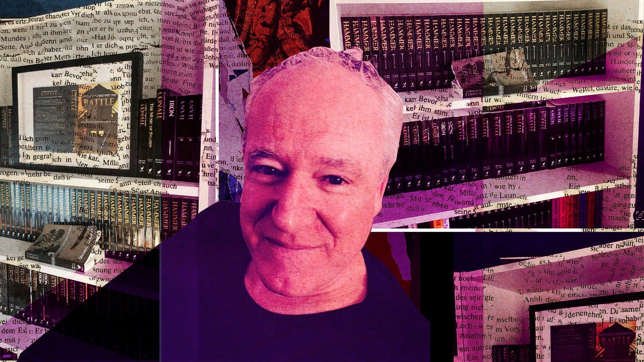 A collage of writer Phil Hughes. His headshot is in the centre, with photos of his books in the background alongside pages of text.