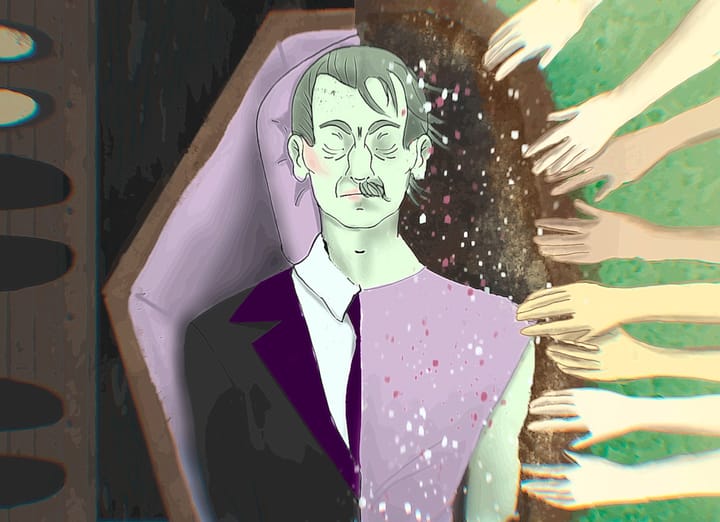 The illustration is split into two halves. The left represents a traditional casket burial with a person in a suit, whereas the right shows a natural burial directly in the Earth.