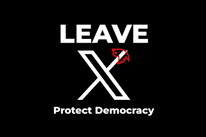 A campaign banner that says "Leave" at the top, with the X logo in the middle, and "Protect Democracy" at the bottom. The X logo has killed the old bird logo of Twitter.