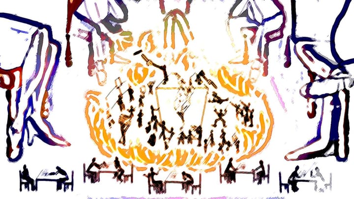 An abstract illustration reminiscent of a cave painting where stick figures represent conflict between two sides of a political divide.