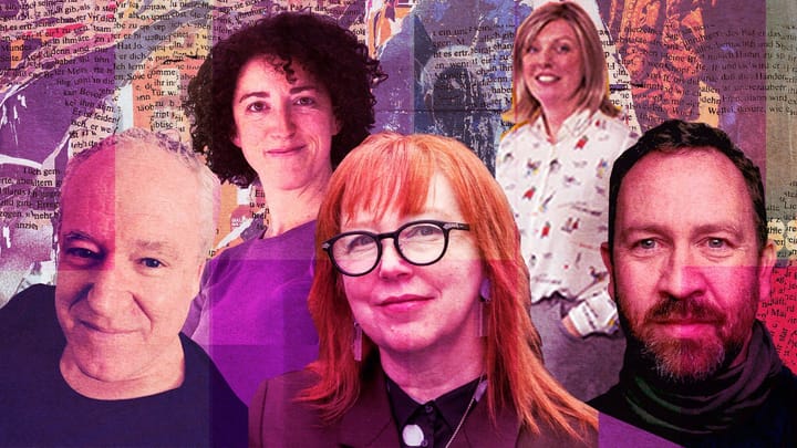 A collage of five of the artists quoted in the piece. It's a headshot of each of them on a background that looks like torn pages in a book. There's purpleish colour scheme.